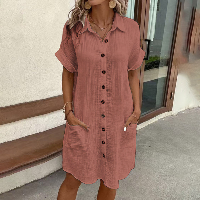 Short-Sleeve Tunic Shirt Dress With Pockets - US Only