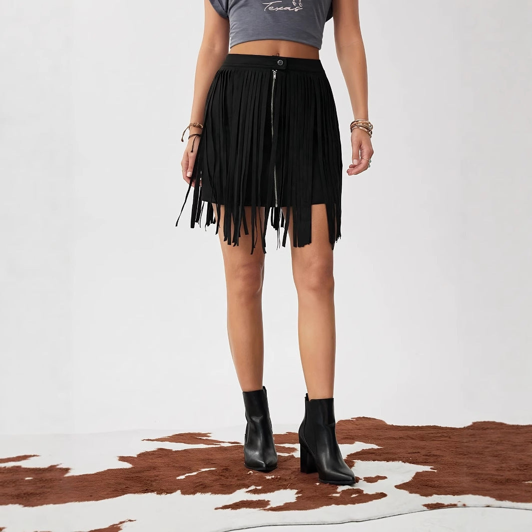 Denim-Style Tassel Front Zipper Casual Mini Skirt
