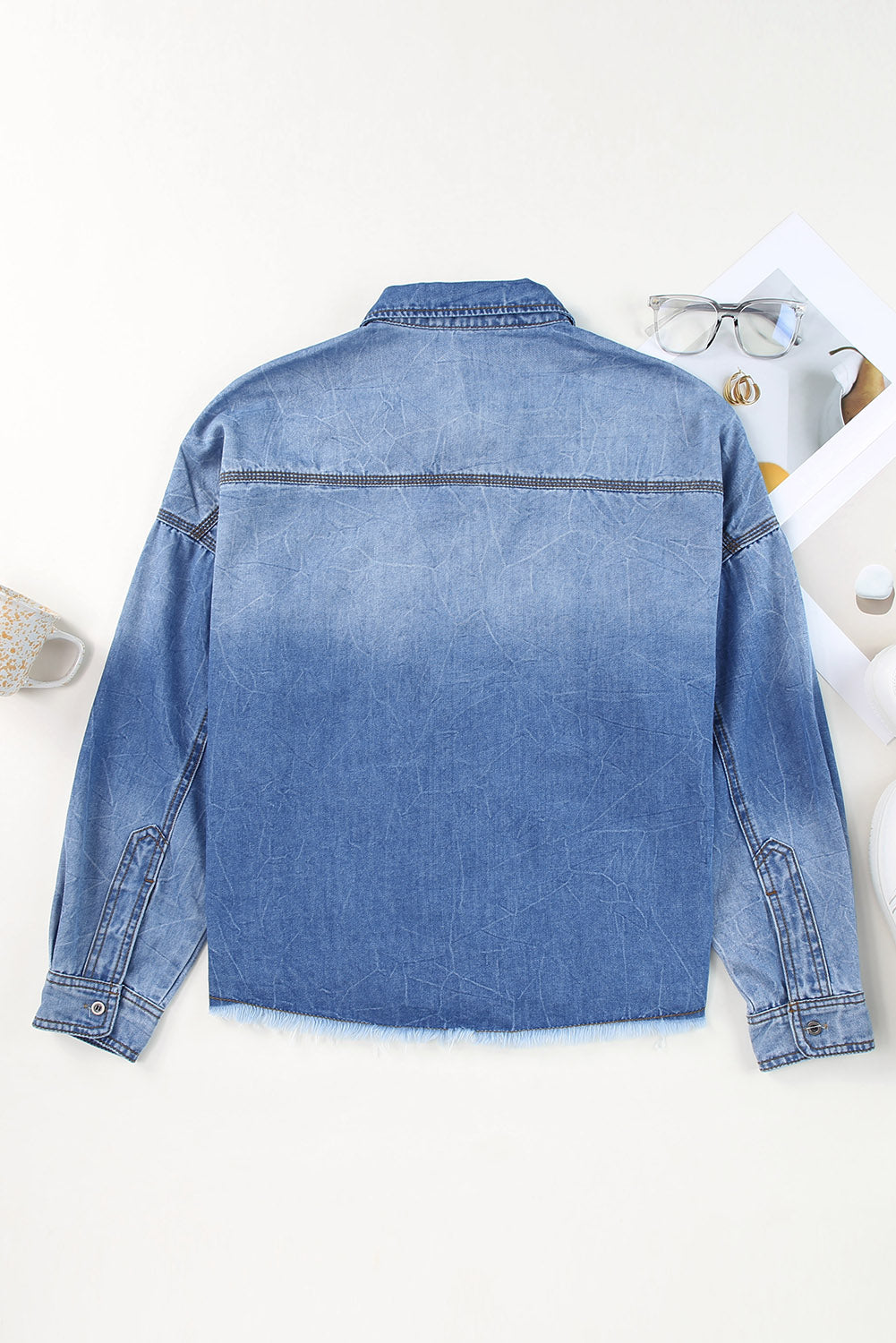 Sky-Blue Sequin Rugby Graphic Flap-Pockets Raw-Hem Denim Jacket