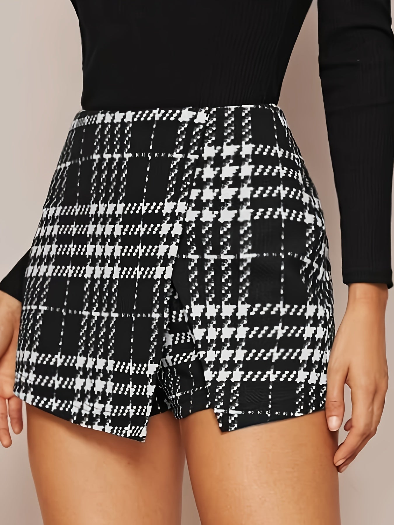 Elegant Houndstooth Print High-Waist Culottes