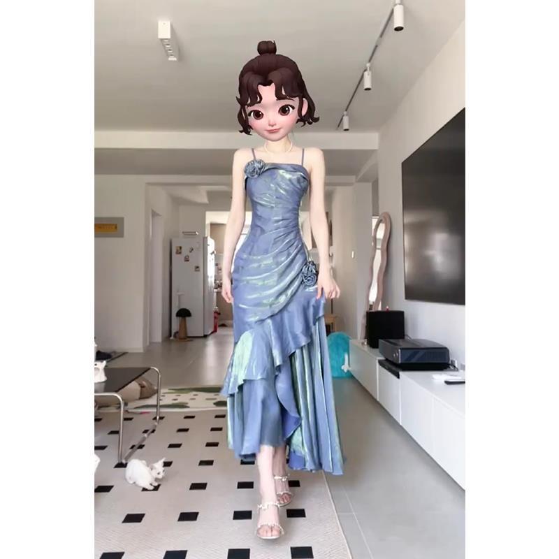 French-Style Mermaid Blue Sling Dress