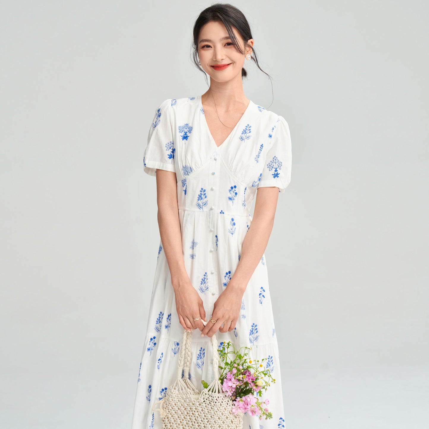 Pure Cotton French Simplicity V-neck Waist-controlled Slimming Elegant Floral Dress