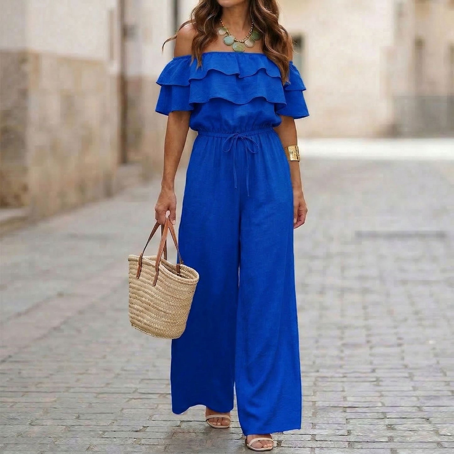 Womens Ruffled Off-Shoulder Solid Color Cinched Waist Jumpsuit