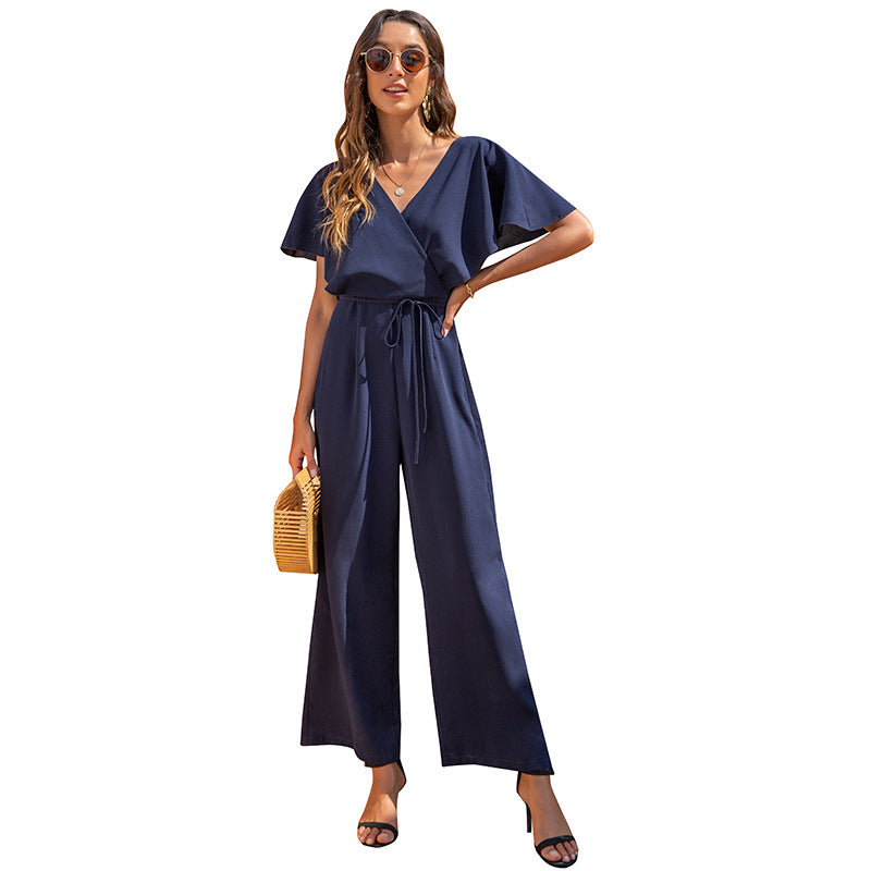 Women's V-Neck Fashion Temperament Casual High-Waist Loose Jumpsuit