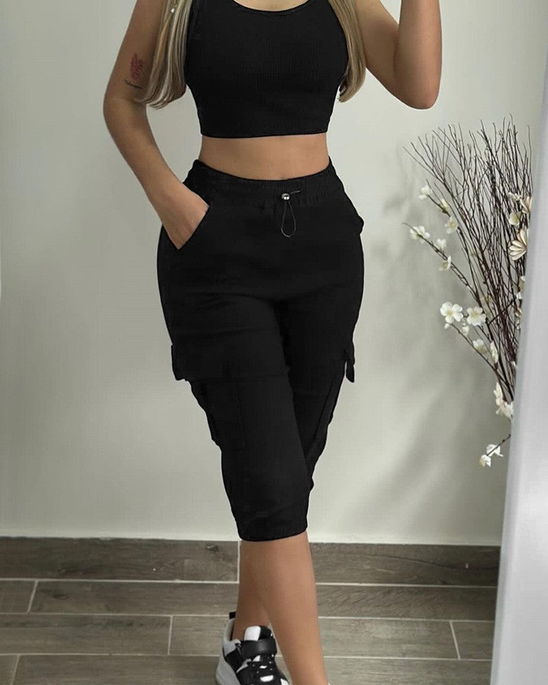 Women's Casual Multi-pocket Solid Color Cropped Pants