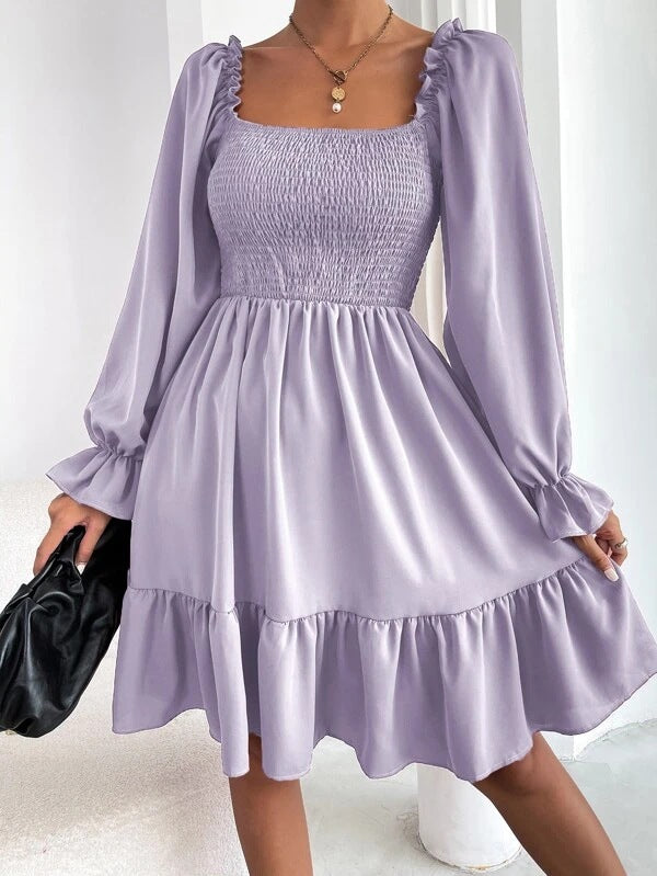 Flared Long-Sleeve Square-Neck Ruffled Swing Dress