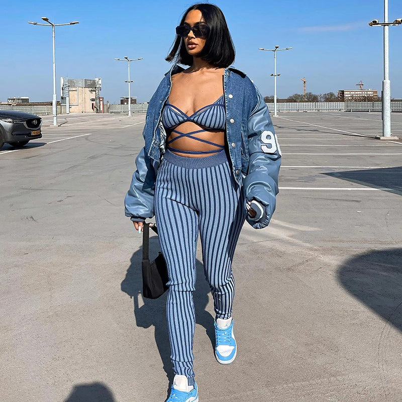 Style Fashion Striped Strap Vest Slim Fit Skinny Pants Suit
