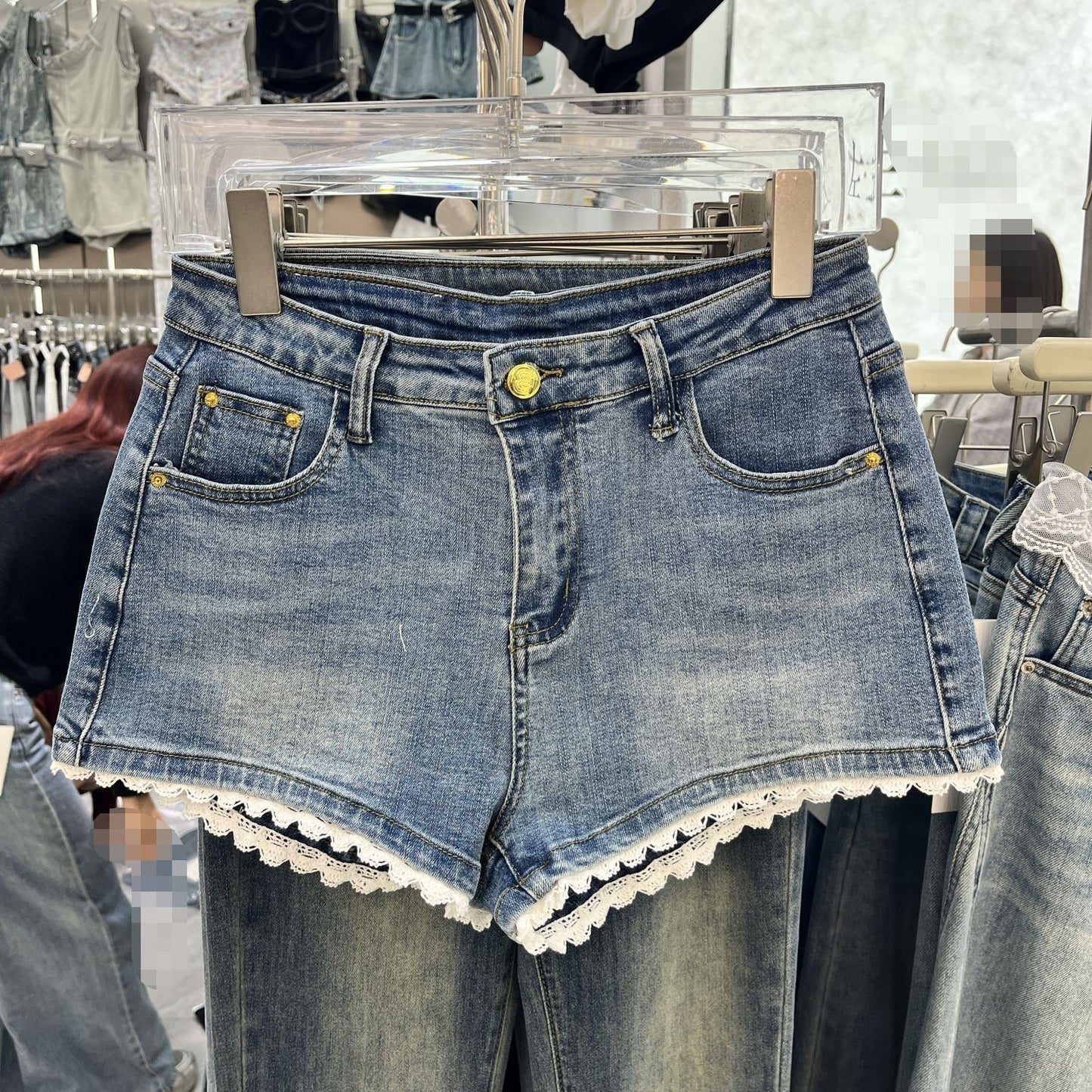 Lace-Edge Denim Shorts