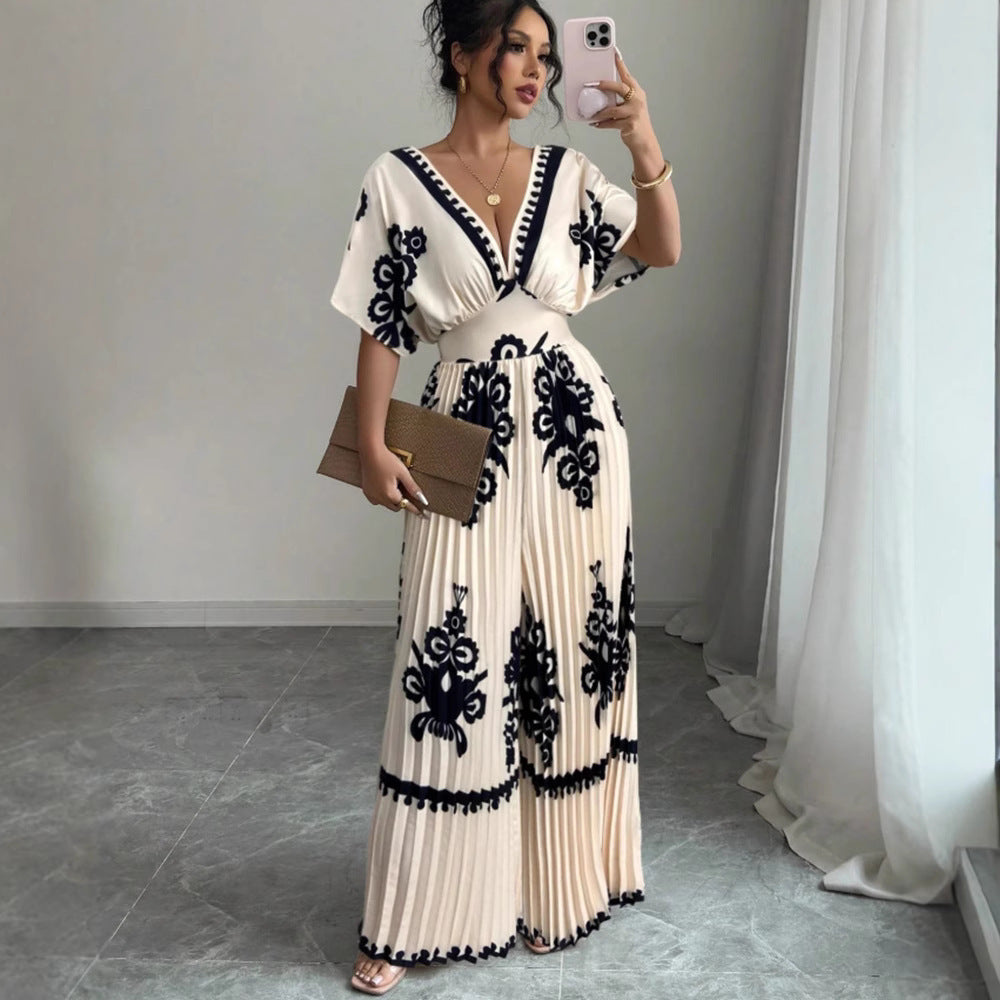 Casual Printed Loose Short-Sleeve Jumpsuit