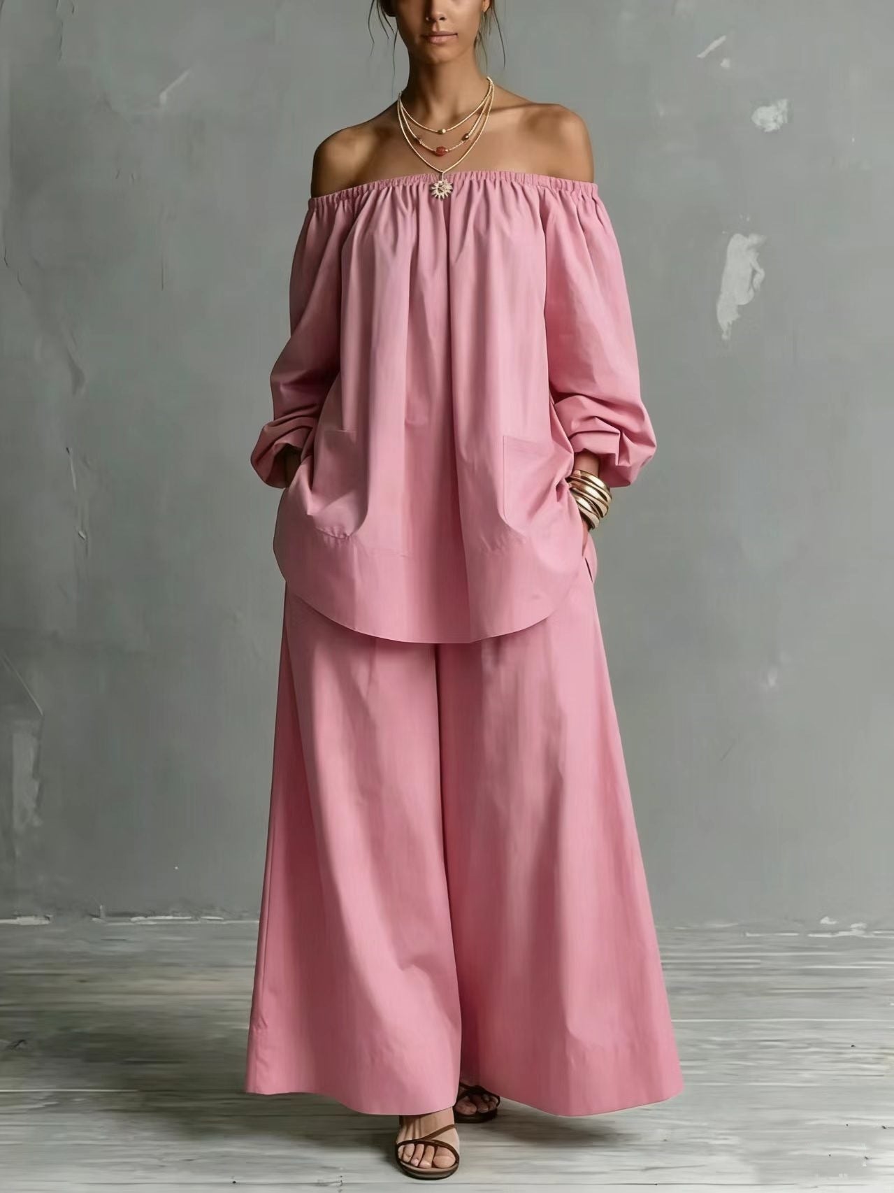 Off-shoulder Womens Cotton And Linen Wide-leg Pants Set