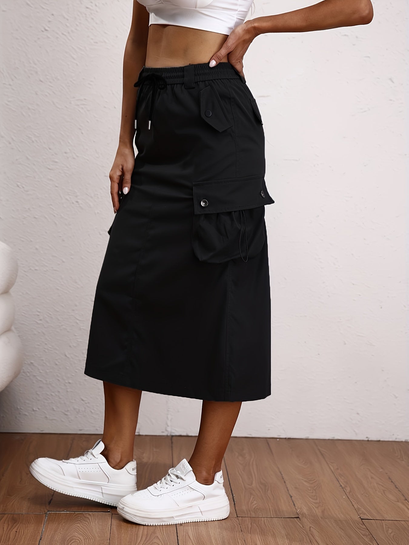 Solid Flap Pockets Skirt