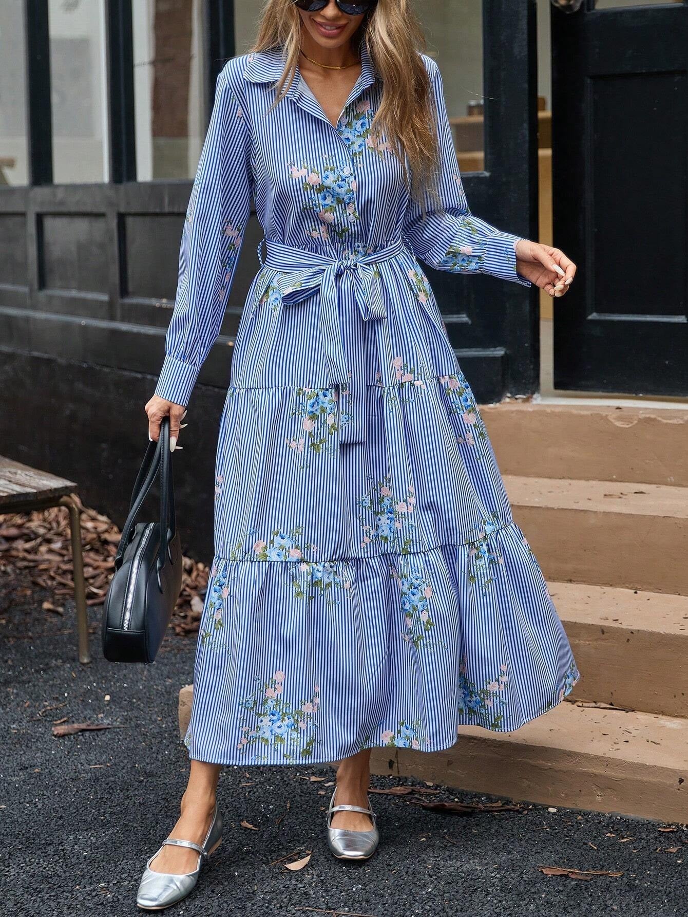 Flower Striped Printed Long Sleeved Shirt Dress