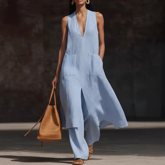 Casual New Style V-Neck Sleeveless Dress Set