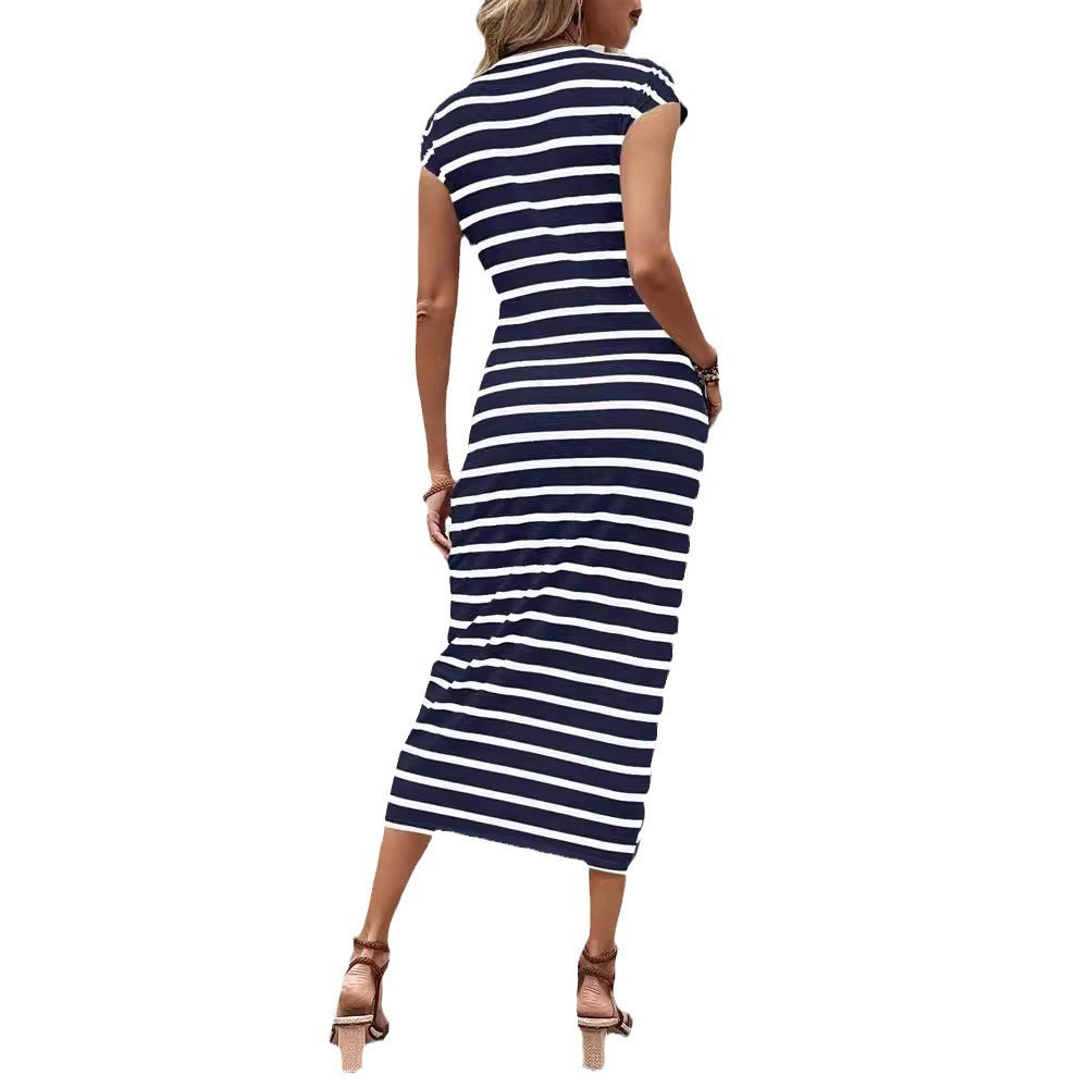 Waist-Strap Striped Round-Neck Short-Sleeve Long Pattern Dress