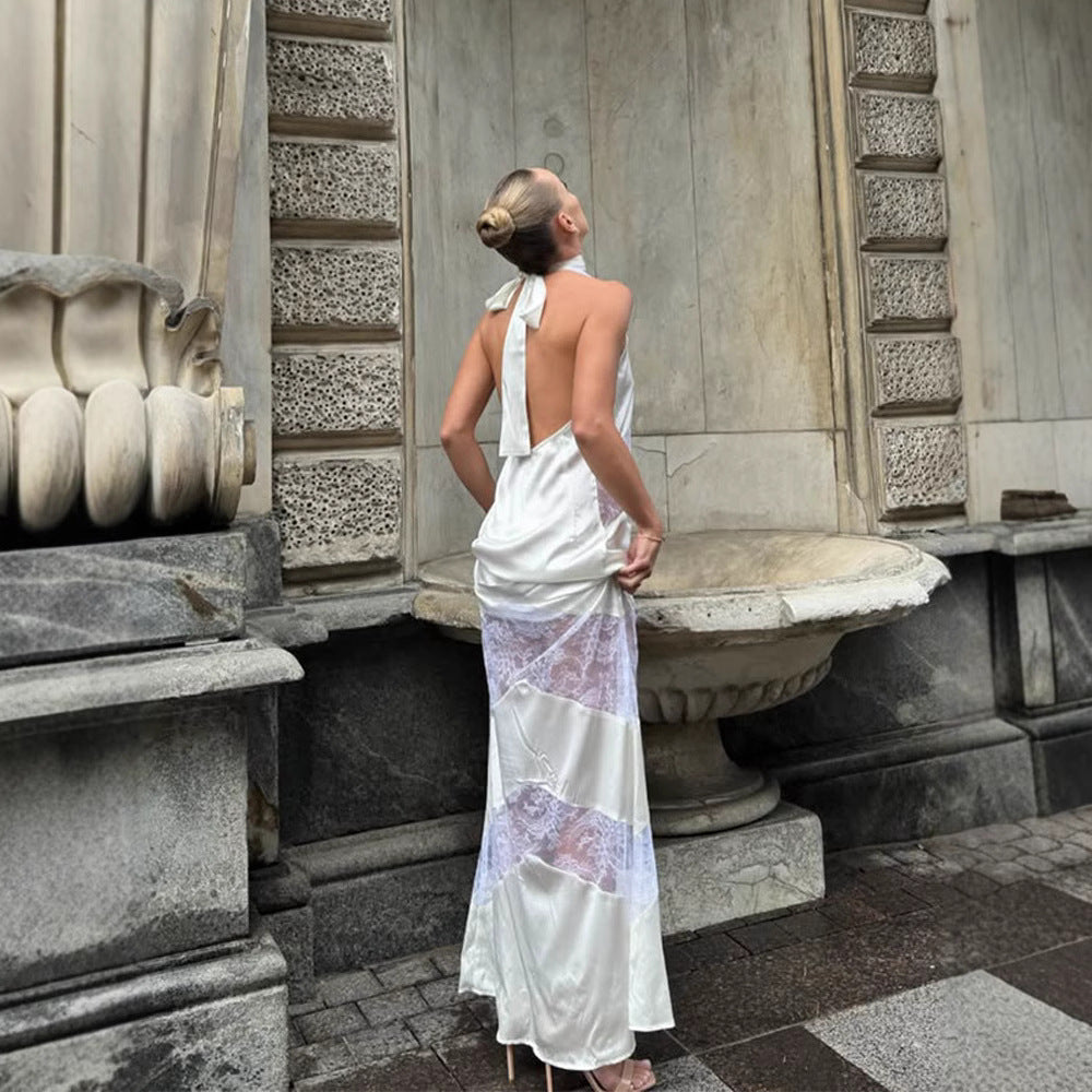 V-Neck Lace Spliced Ribbon Backless Halter Dress