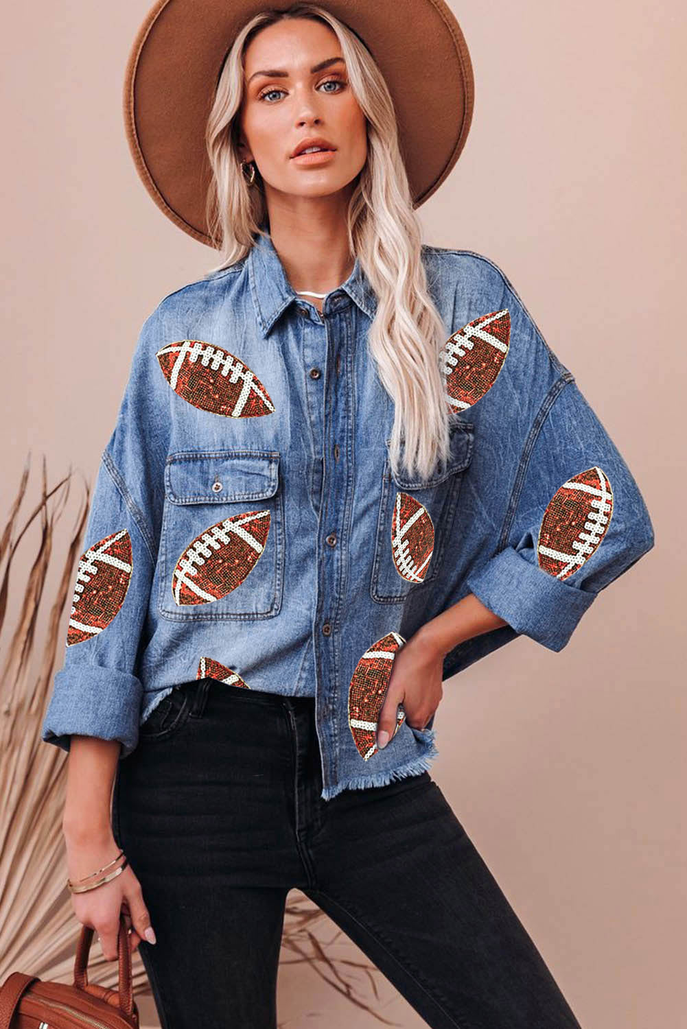 Sky-Blue Sequin Rugby Graphic Flap-Pockets Raw-Hem Denim Jacket