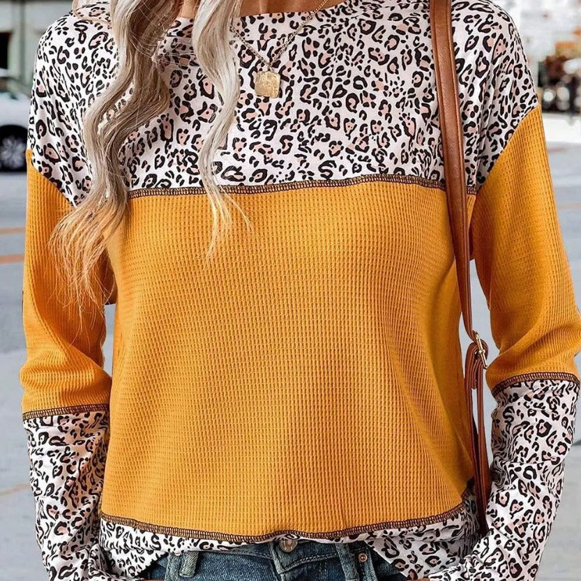 Round-Neck Pullover Leopard Splicing Waffle Sweater