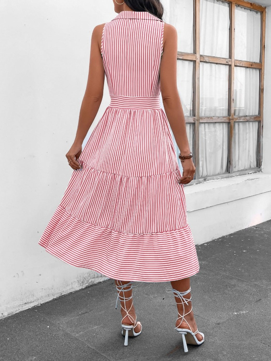 Striped Johnny Collar Sleeveless Midi Dress - US Only
