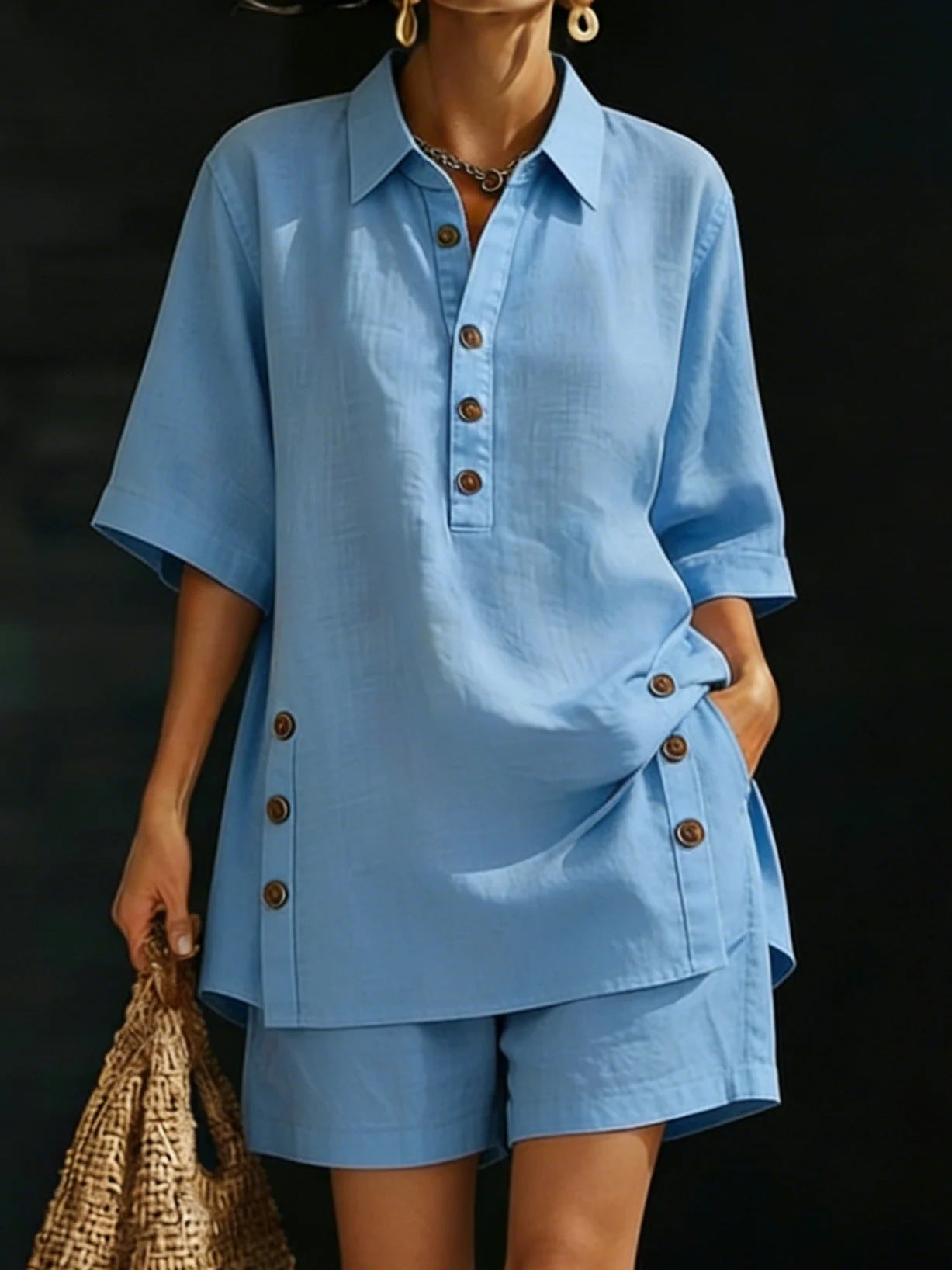 Womens Short-Sleeve Shirt And Loose Pants Two-Piece Set