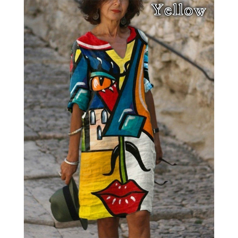 Retro Eye Print Dress V-neck Mid-length Sleeve