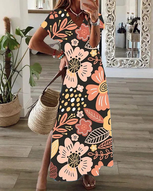 Loose Digital Print V-Neck Short-Sleeve Dress For Women