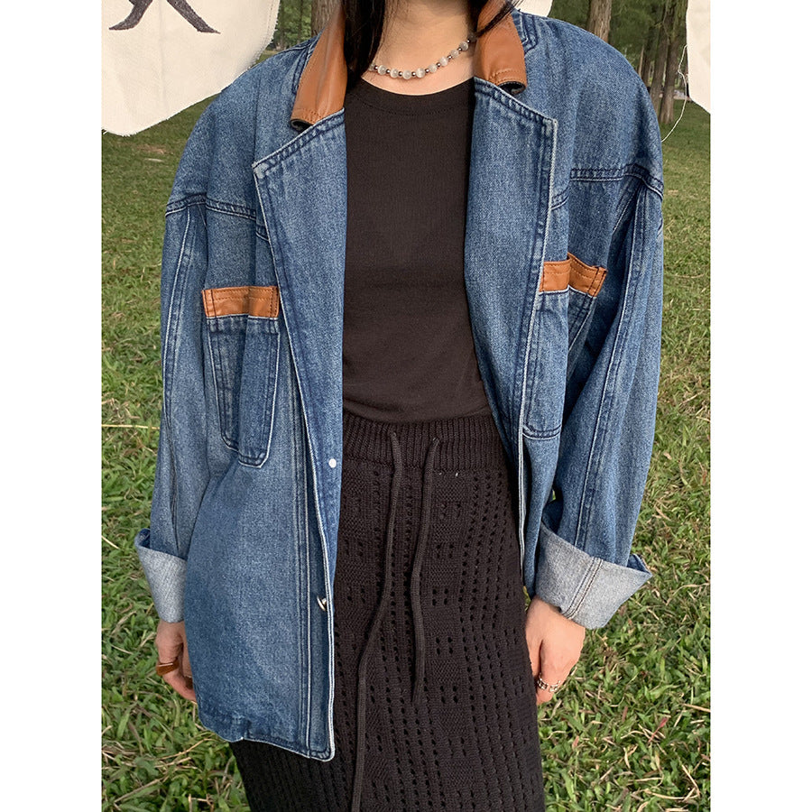 Loose PU Leather-Stitching Denim Jacket