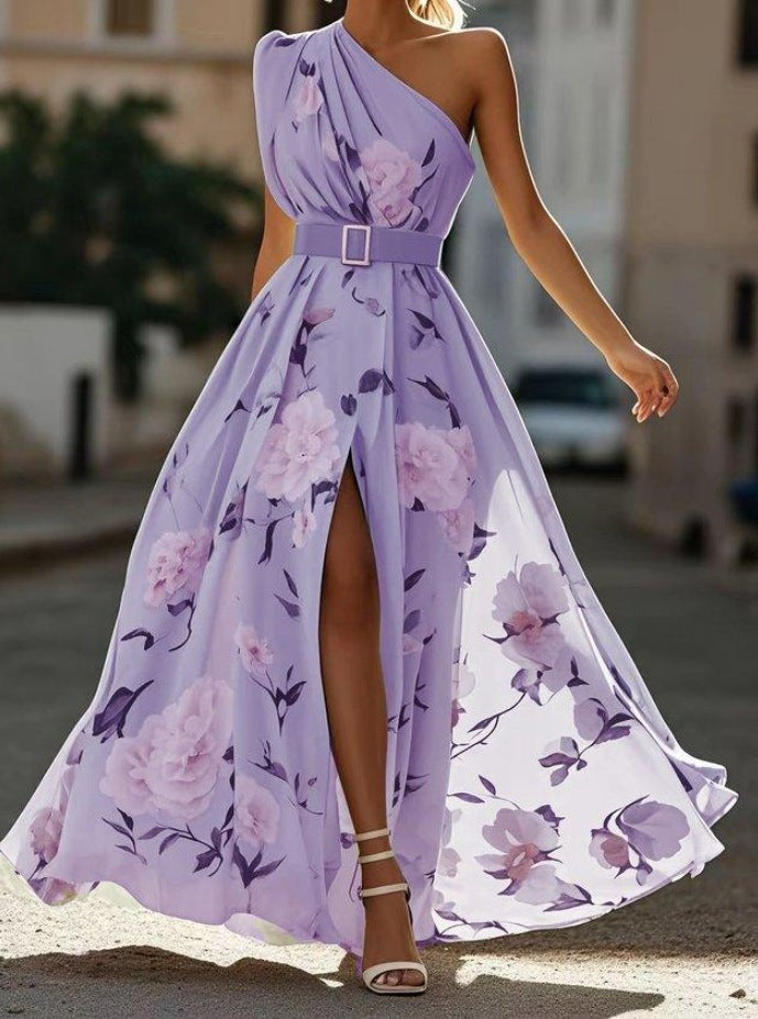 Women's Oblique Shoulder Digital Printing Sleeveless Vest Dress