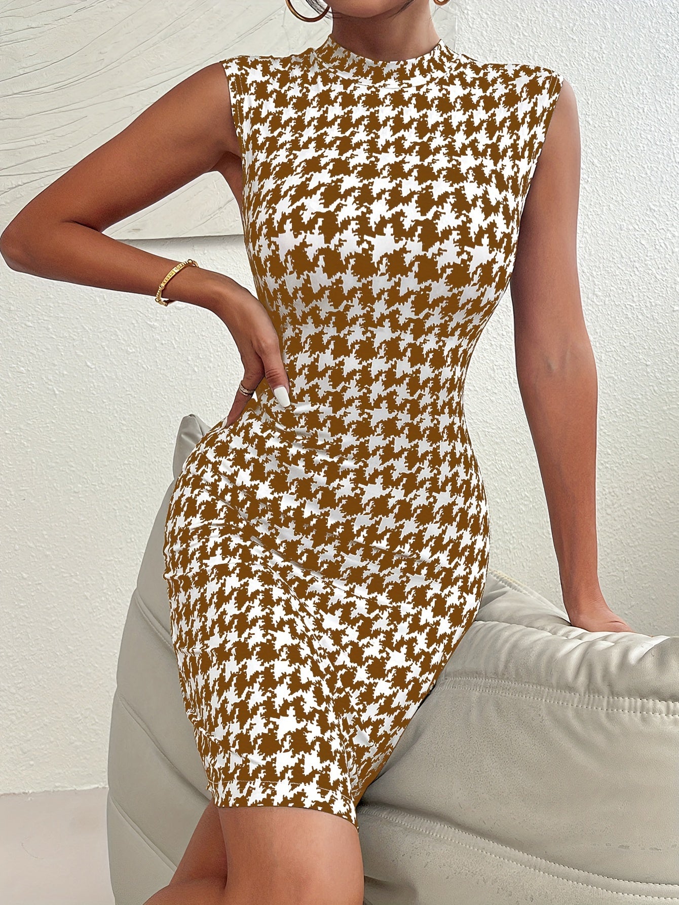 Houndstooth Print Mock Neck Bodycon Dress