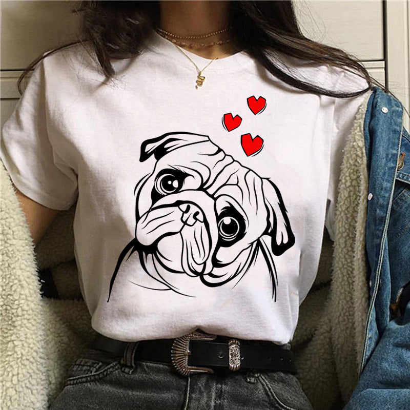 Pug Print Round-Neck Short-Sleeve Women's T-Shirt