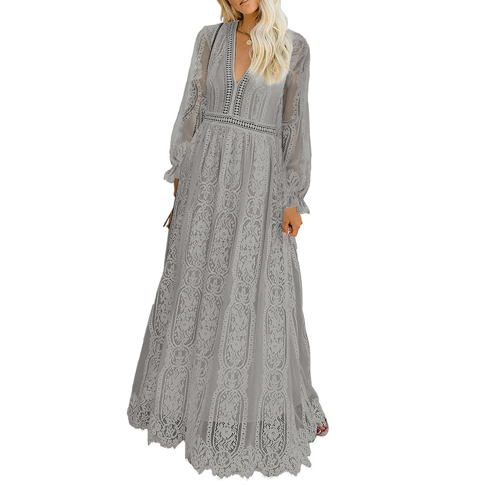 Lace V-Neck Cinched Waist Pullover Dress