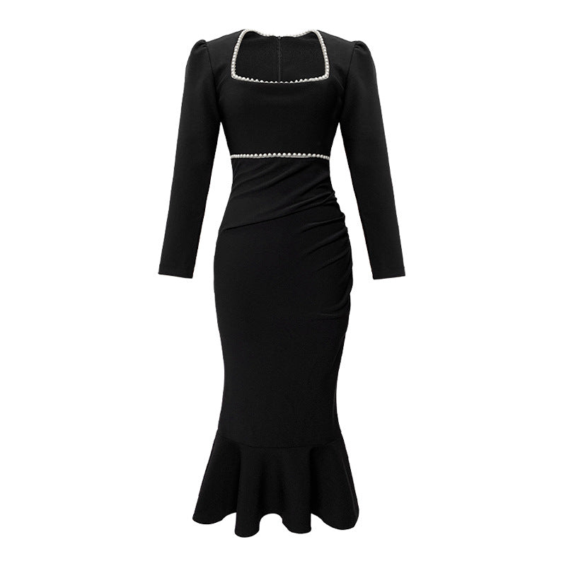 Square-Neck Cinched Slimming Fishtail Long-Sleeve Dress