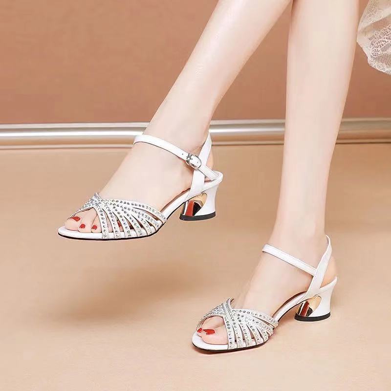 Rhinestone Low/Mid-Heel Leather Strap Sandals