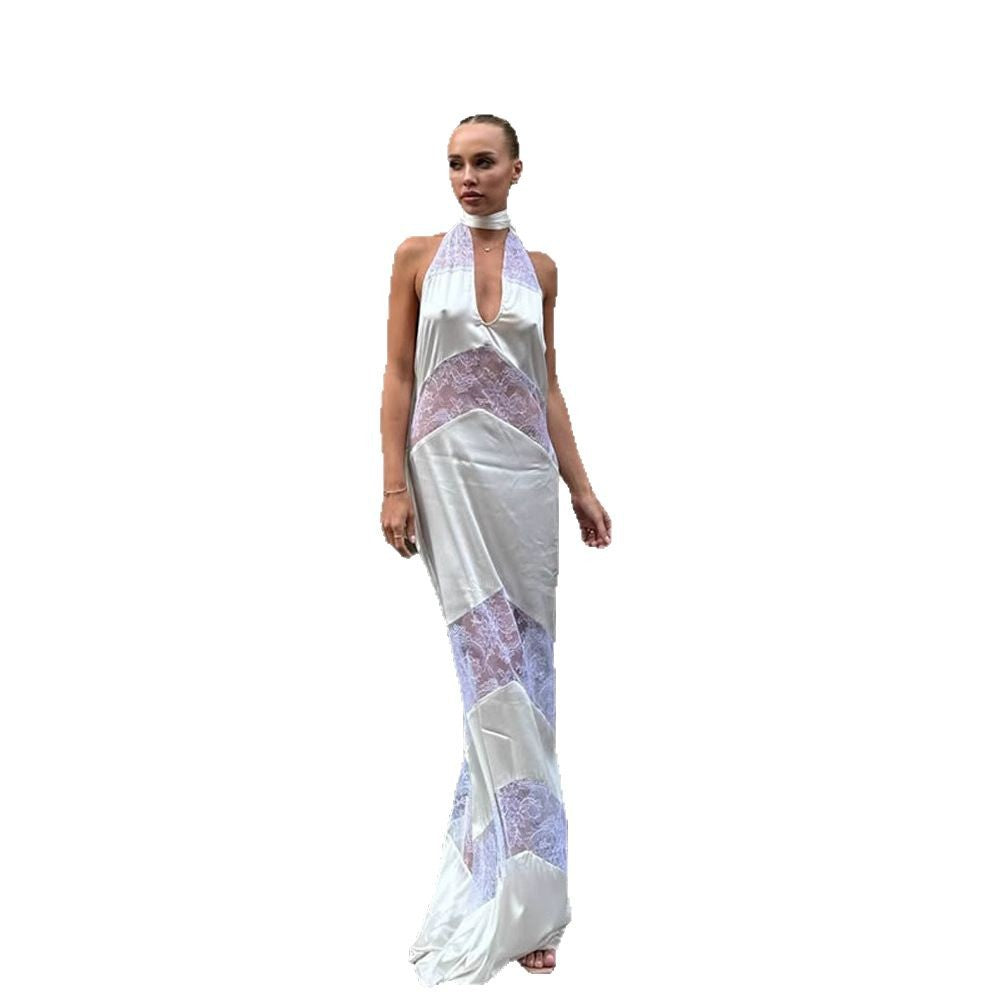 V-Neck Lace Spliced Ribbon Backless Halter Dress