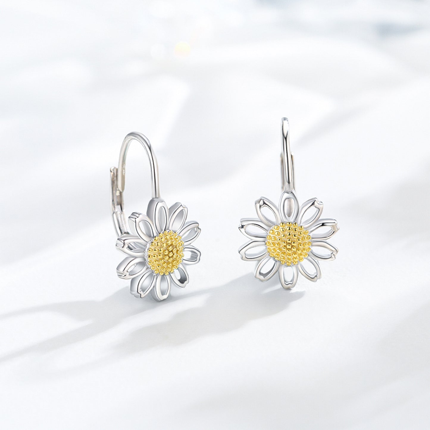 Daisy Leverback Hoop Earrings in White Gold-Plated Sterling Silver