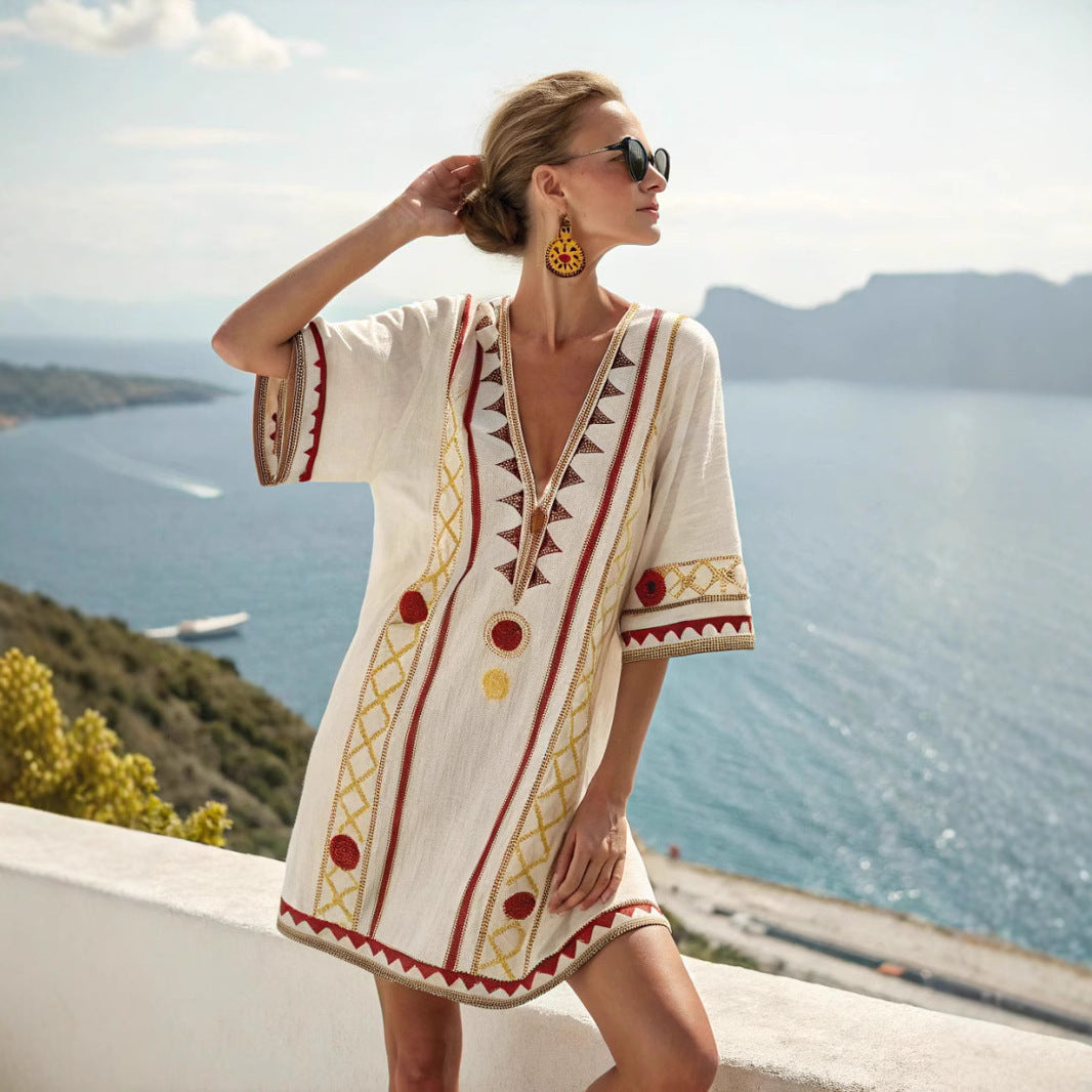 Loose Printed V-Neck Casual Holiday Dress