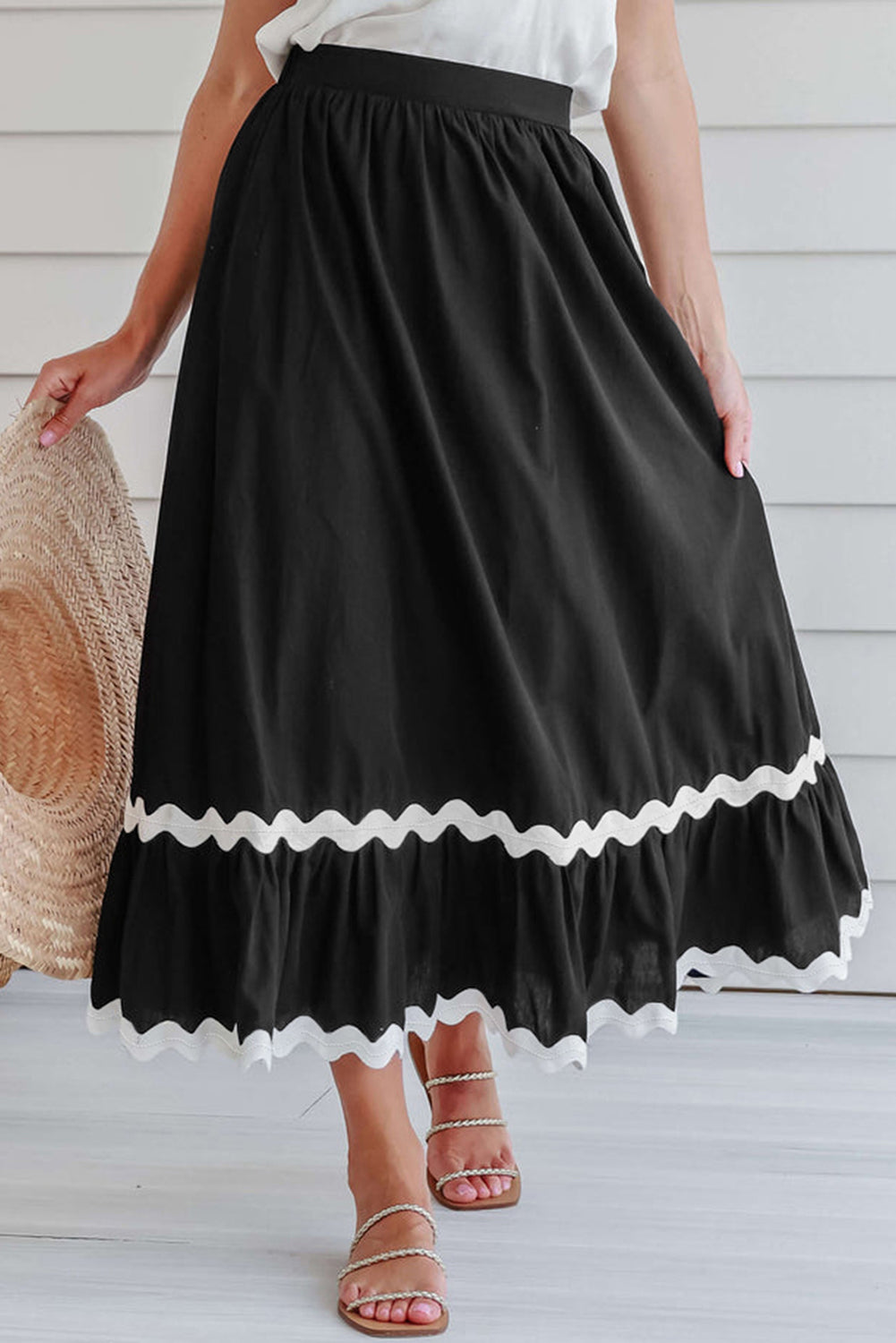 Black Ricrac Trim Colourblock High-Waist Skirt