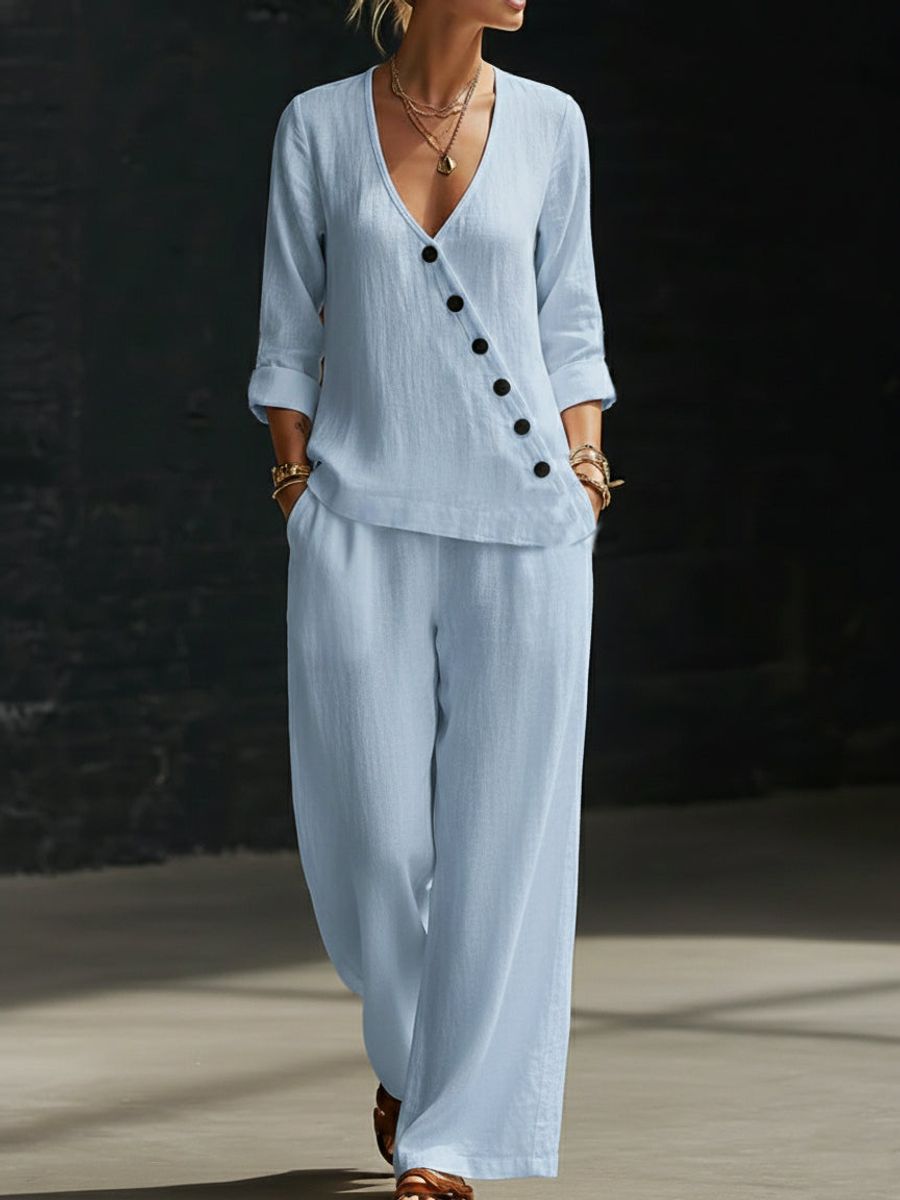 Loose-fitting V-neck Cross-over Shirt And Wide-leg Pants
