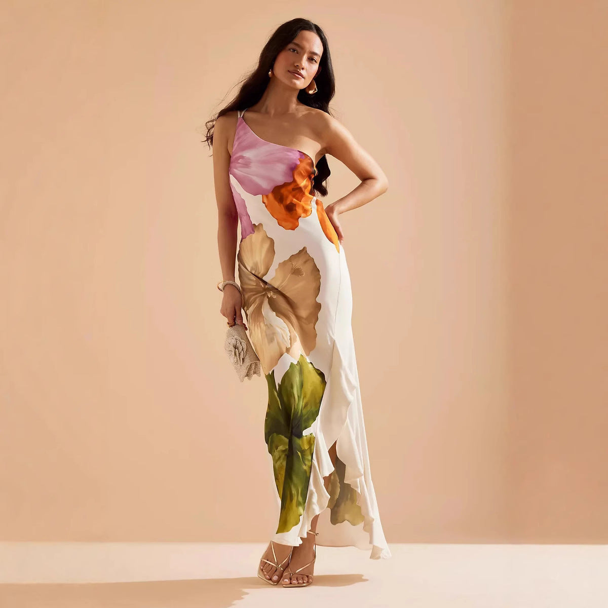 New Oblique-Shoulder Printed Dress