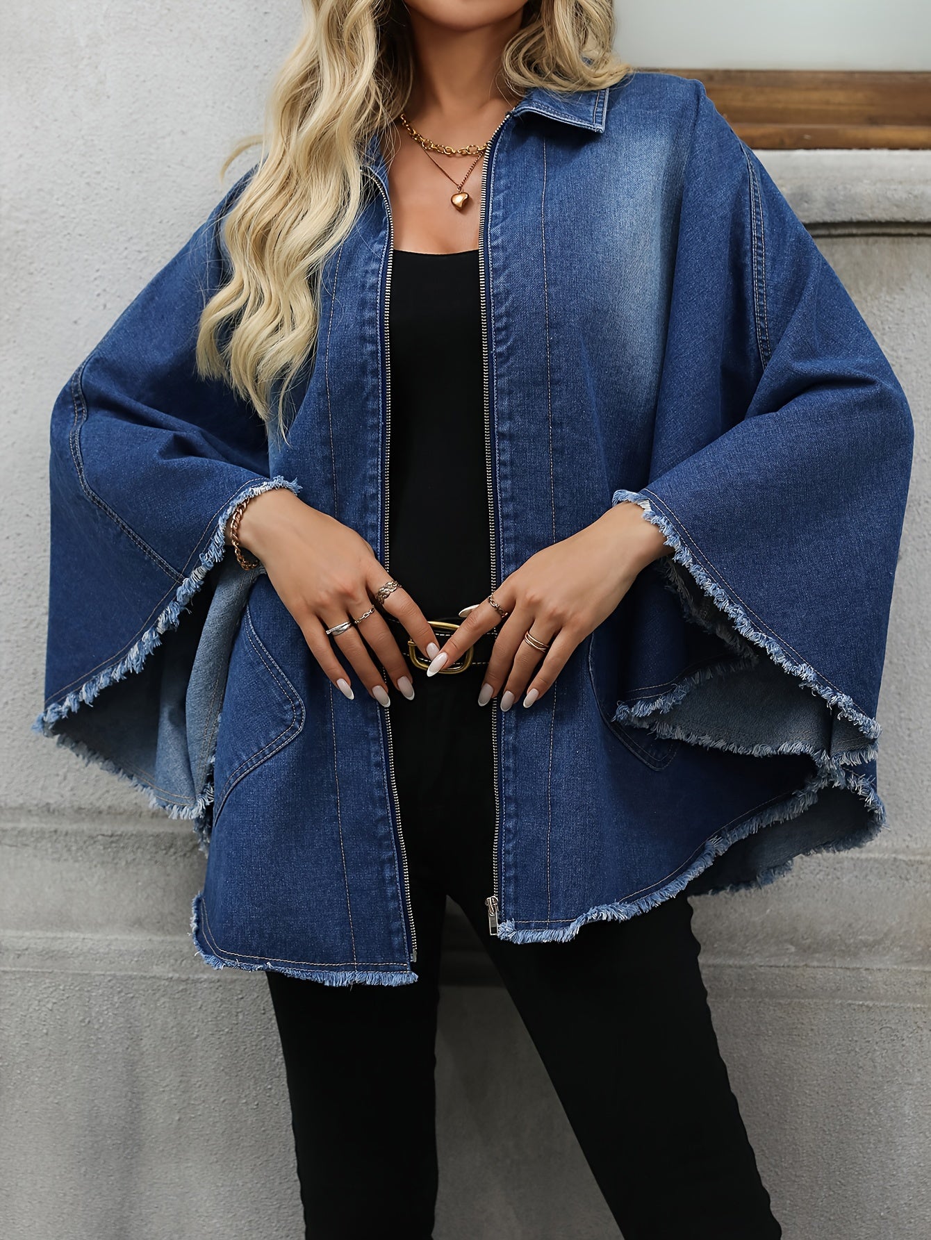 Raw-Hem Loose-Fit Zipper Batwing-Sleeve Oversize Elegant Denim Jacket