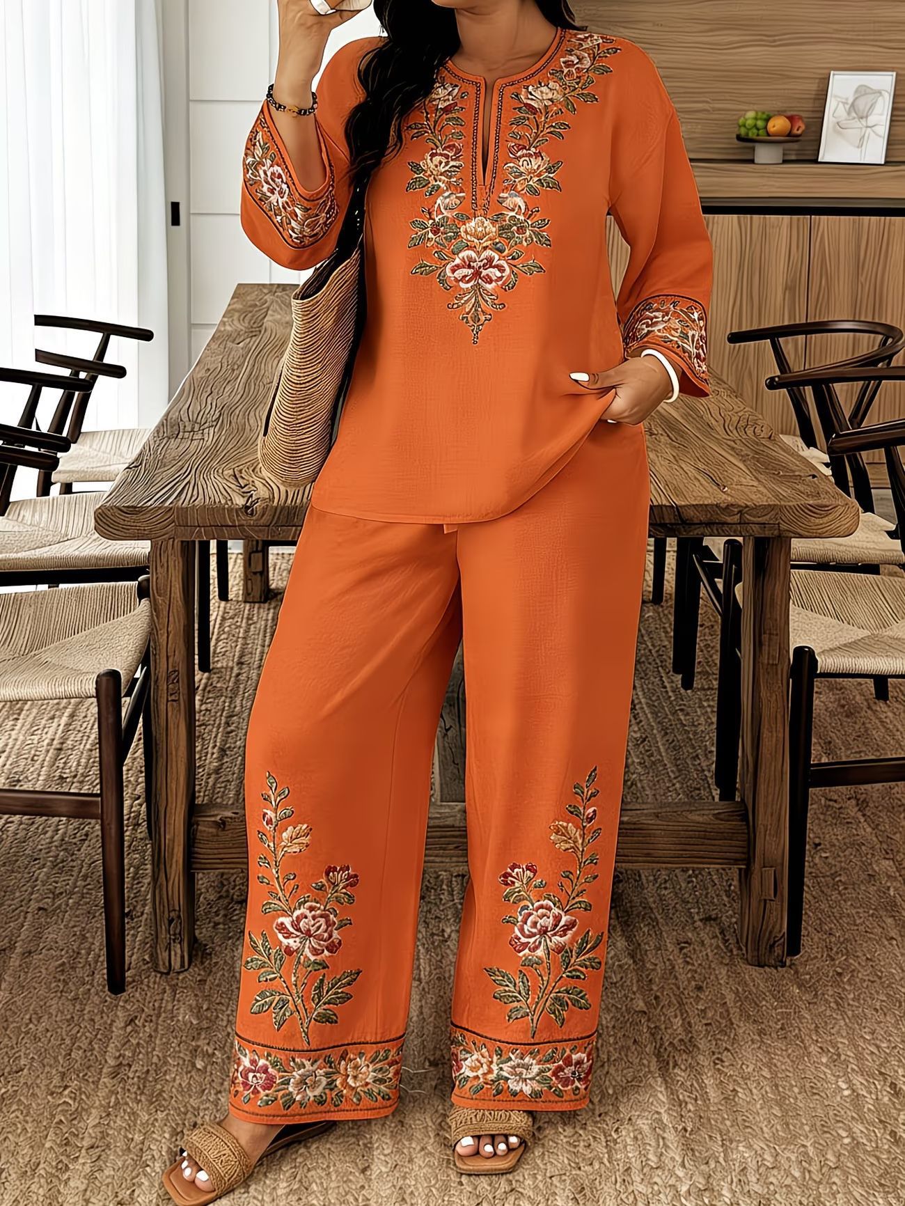 Long-sleeve Lace Floral Long-sleeve Ethnic-style Middle Eastern Set