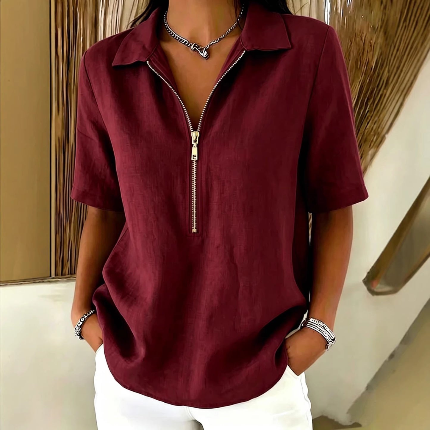 Solid-color Lapel-zip Mid-sleeve Womens Blouse