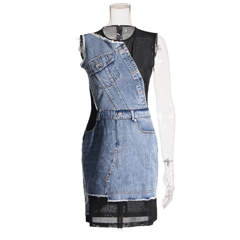 Artistic Denim Stitching Mesh Zipper Dress