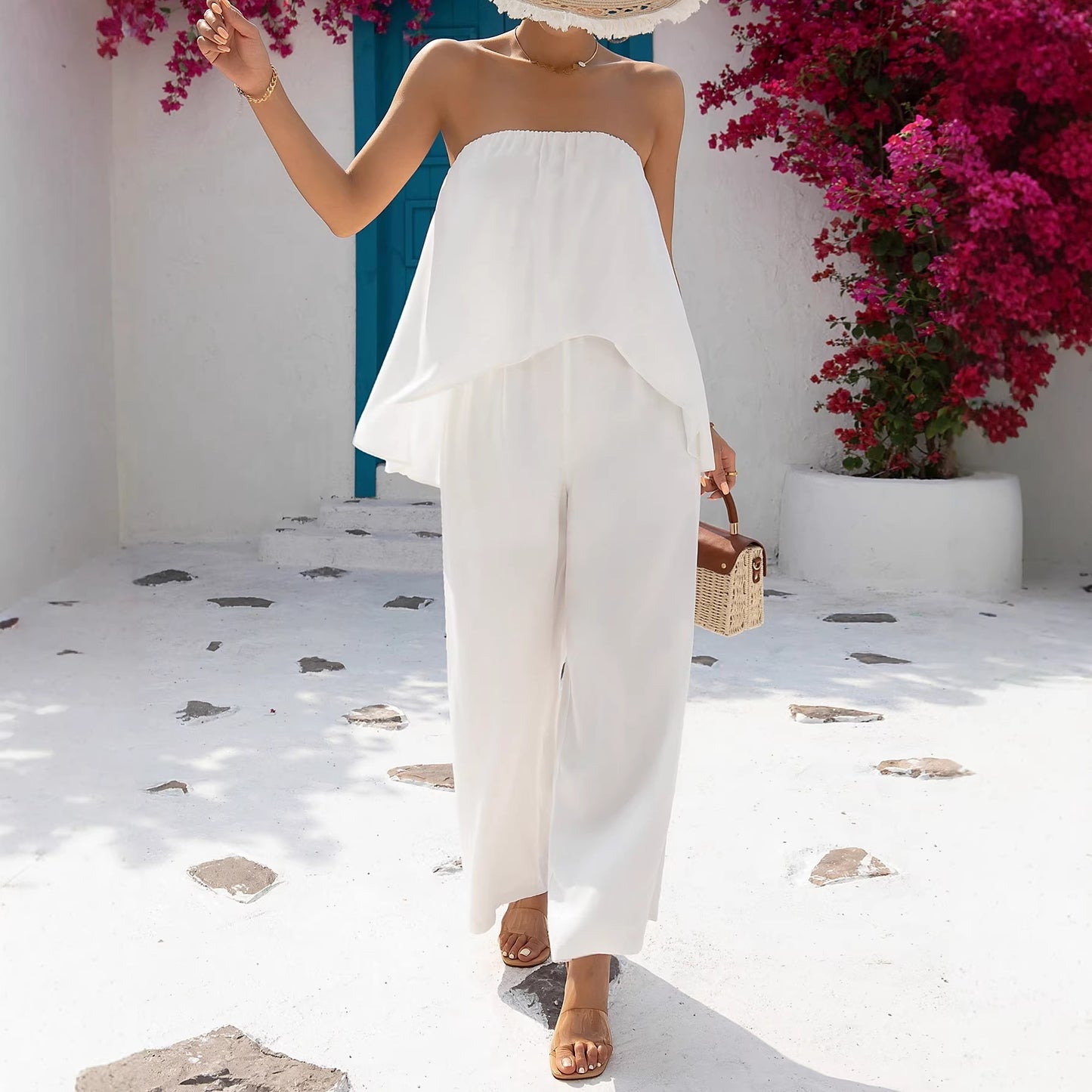 Summer Casual Asymmetrical Tube Top Jumpsuit With Flared Skirt