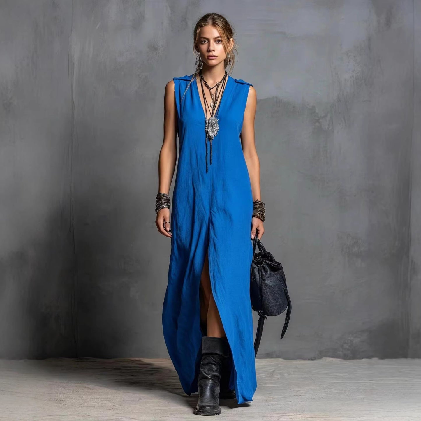 Womens Split Long Sleeveless V-Neck Dress