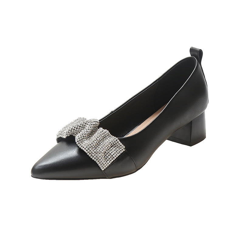 Top-Layer Cowhide Pointed-Toe Mid-Heel Shoes