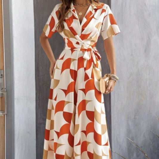 Geometric Printed Lace-Up Shirt Jumpsuit - US Only