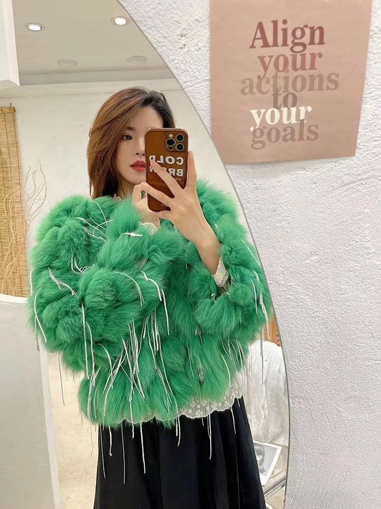 Plush Fox Fur Female Short Tassel Thickened Coat