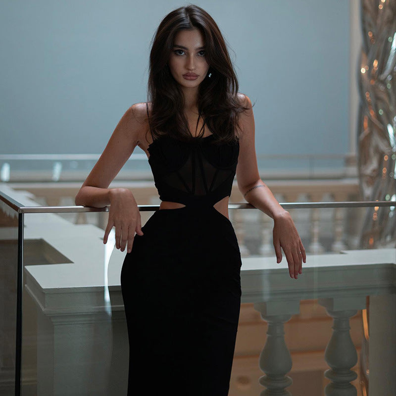 Black Mesh Waist Cutout Sling Dress For Women