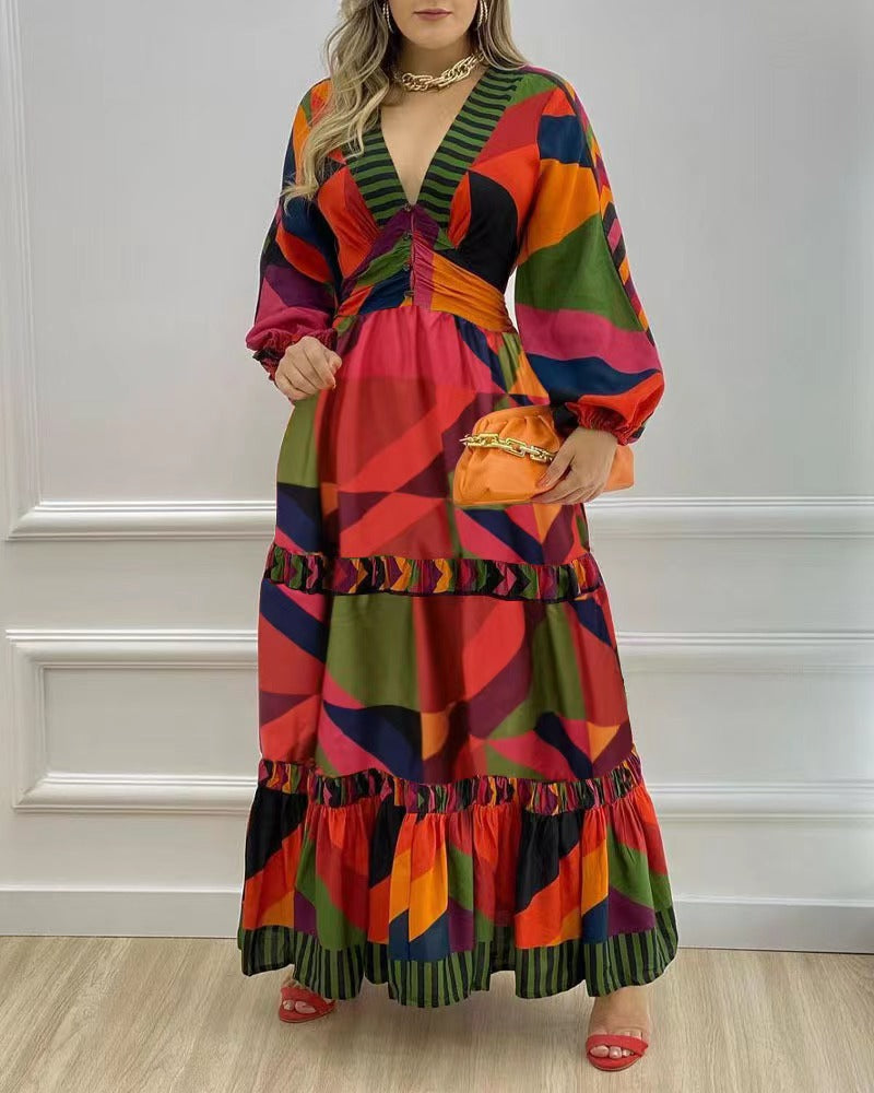 V-Neck Printed Long Dress