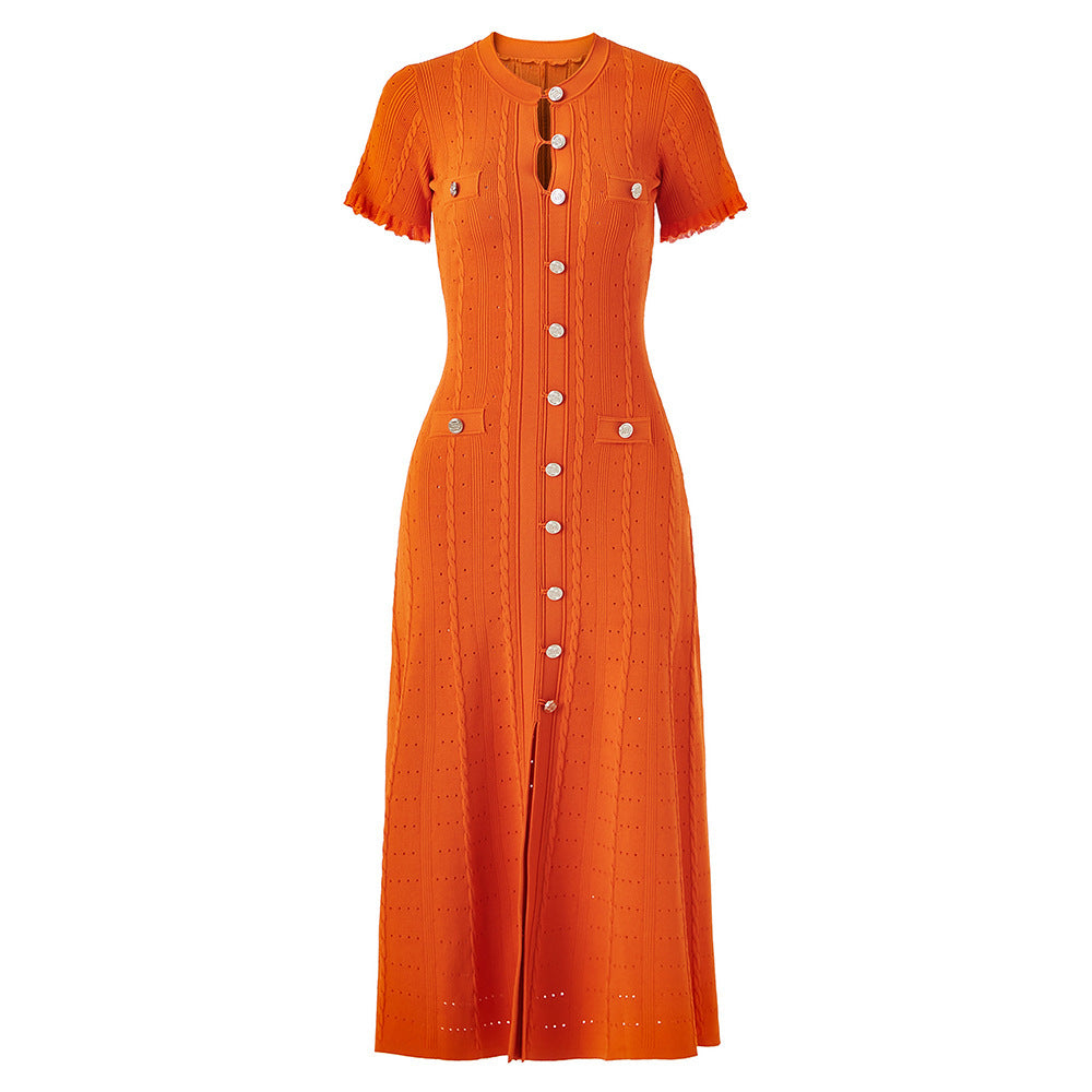 French Style Temperament Ladies Short Sleeve Wooden Ear Hollow Thread Single-breasted Knitted Dress
